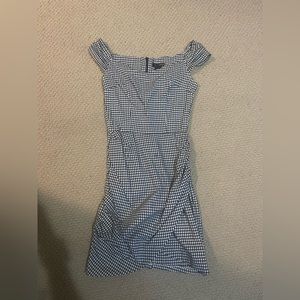 Aqua Plaid off the shoulder dress with ruffle bottle
